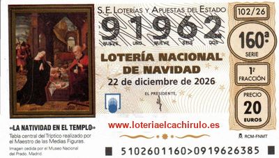 Anverso del d&eacute;cimo 91962 de la Loter&iacute;a de Navidad 2026, de C&aacute;diz